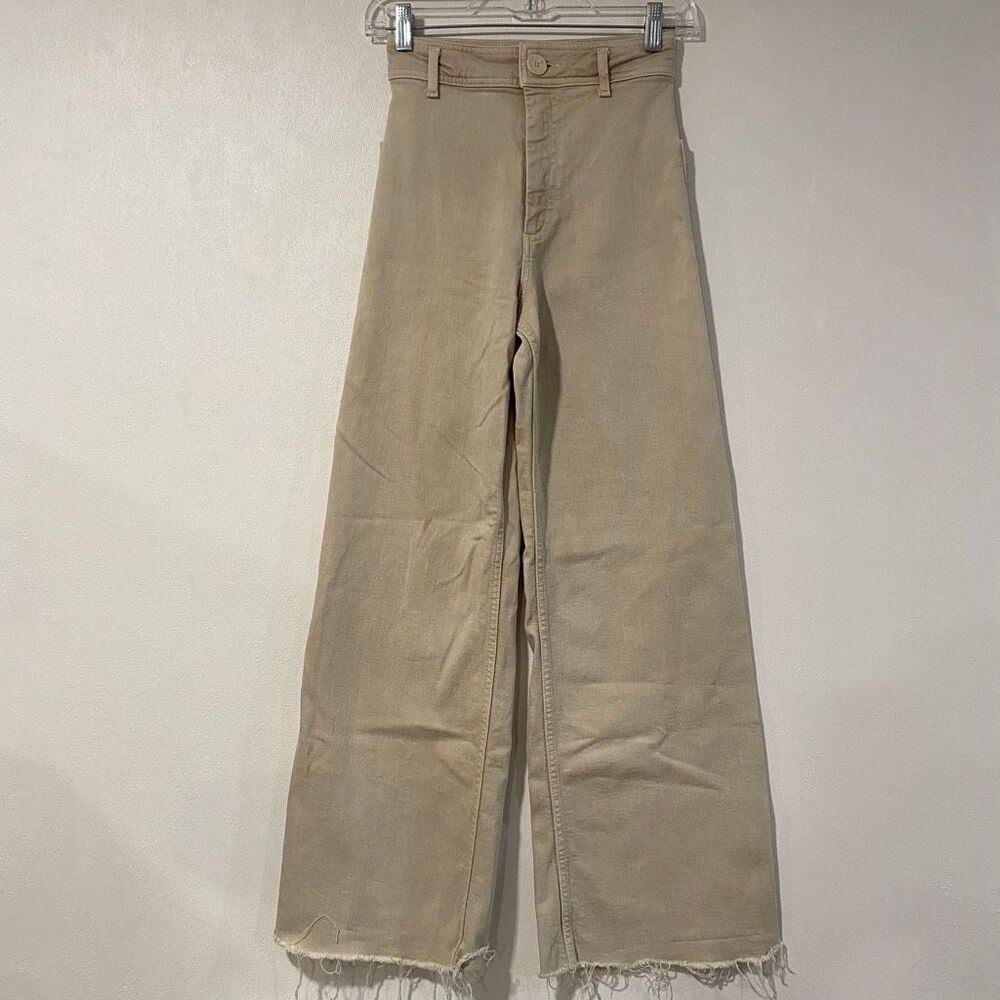 Zara Marine Straight Beige Wide Leg Jeans Frayed Hem US 0 - Picture 3 of 9